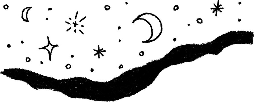 Whimsical moon and stars sketch with crescent border for celestial design