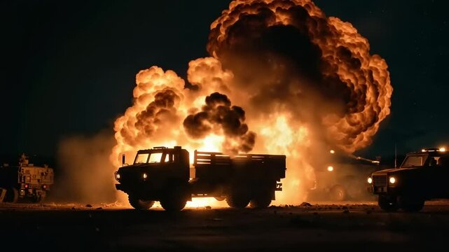 Explosive military action at night with vehicles silhouetted against a fiery explosion backdrop