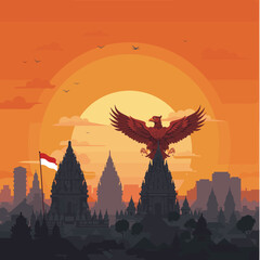 This vector image features a red bird flying over a silhouette of a temple complex with the Indonesian flag waving in the foreground.