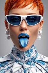 Portrait en gros plan d'une belle femme aux cheveux roux courts, portant des lunettes futuristes et des boucles d'oreilles blanches, tirant la langue, rouge à lèvres bleu vêtue d'une tenue classe.