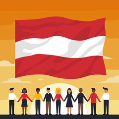 This vector image shows a diverse group of people standing together and holding hands, with the Indonesian flag proudly displayed above them.