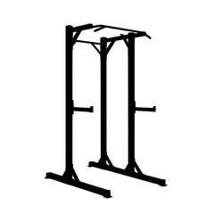 Training Apparatus Silhouette: A minimalist monochrome silhouette of a robust power rack and pull-up station, conveying strength, discipline, and the essence of physical training.