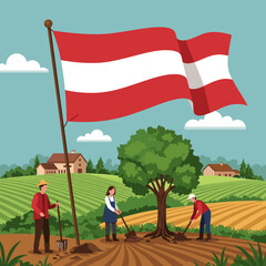 This vector image depicts a peaceful rural setting with farmers working the land, while the Indonesian flag flies proudly in the background.