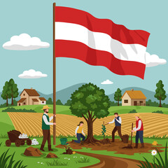 This vector image depicts a peaceful rural setting with farmers working the land, while the Indonesian flag flies proudly in the background.