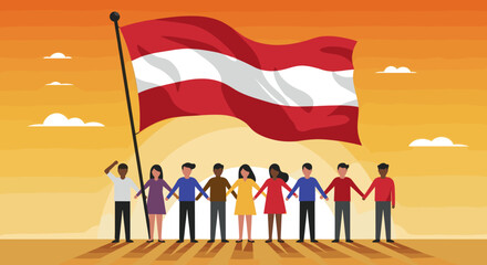 This vector image shows a diverse group of people standing together and holding hands, with the Indonesian flag proudly displayed above them.