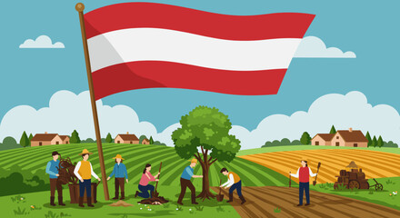 This vector image depicts a peaceful rural setting with farmers working the land, while the Indonesian flag flies proudly in the background.