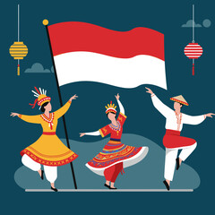 This vector image showcases a lively celebration of Indonesia's culture, with people dressed in traditional attire and dancing joyfully while waving the Indonesian flag.