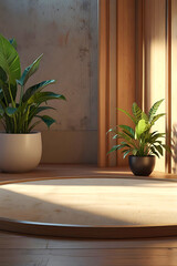 Serene Minimalist Zen Garden Interior: Sunlight on Sand, Plants in Pots, Wooden Floor