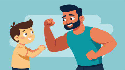 A father playfully teasing his son about how he is a hunk and encouraging him to own his good looks.. Vector illustration