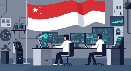 This vector image features two people working in a tech lab with the Indonesian flag displayed on the wall.