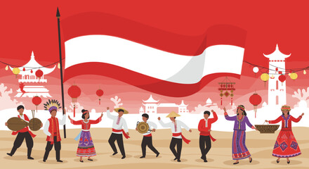 This vector image showcases a lively celebration of Indonesia's culture, with people dressed in traditional attire and dancing joyfully while waving the Indonesian flag.