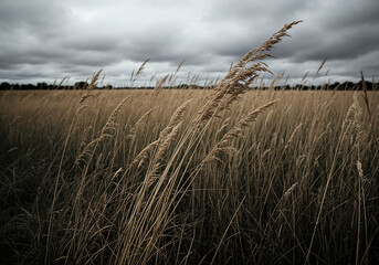 Fototapeta premium Golden Field of Tall Grass with Seed Heads Under Overcast Sky in Soft Diffused Light and Shallow Depth of Field