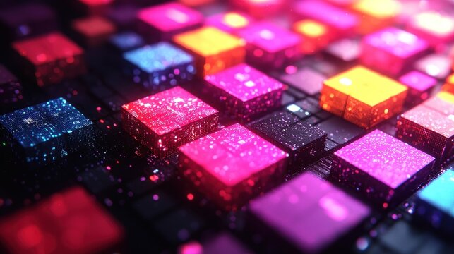 Colorful glowing cubes arranged in a grid pattern