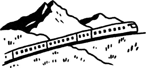 Sketch of a passenger train journeying through mountainous countryside