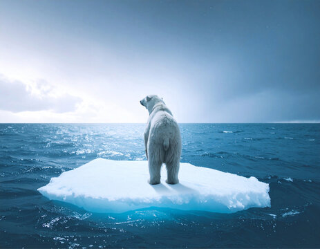 Urso polar parado em um fragmento de gelo no meio do oceano azul. Conceito de crise clim&aacute;tica.