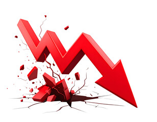 Crashing Market: A 3D rendering of a red arrow plummeting downwards, shattering the ground below, symbolizing a market crash or financial downturn.