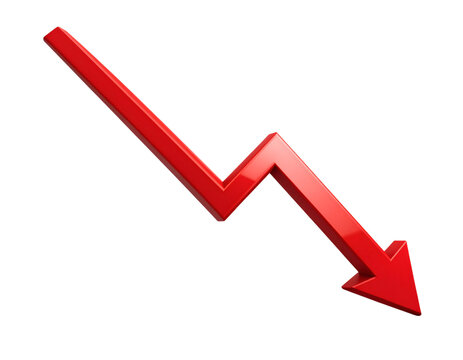 Red Arrow Down: A striking, three-dimensional red arrow dramatically descends, signaling a downward trend and reflecting the concepts of decline and decrease.