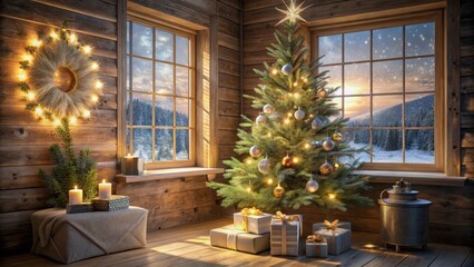 Rustic Cabin Christmas Eve A Decorated Evergreen Tree, Presents, Candles, and a Winter Wonderland View Through the Window.