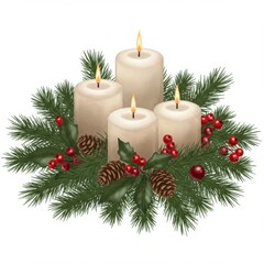 Four Cream Candles in a Festive Evergreen Arrangement