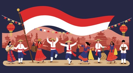 This vector image showcases a lively celebration of Indonesia's culture, with people dressed in traditional attire and dancing joyfully while waving the Indonesian flag.