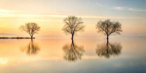 Fototapeta premium Serene Sunset Reflections Three Leafless Trees Mirror Themselves in Calm Waters at Dawn