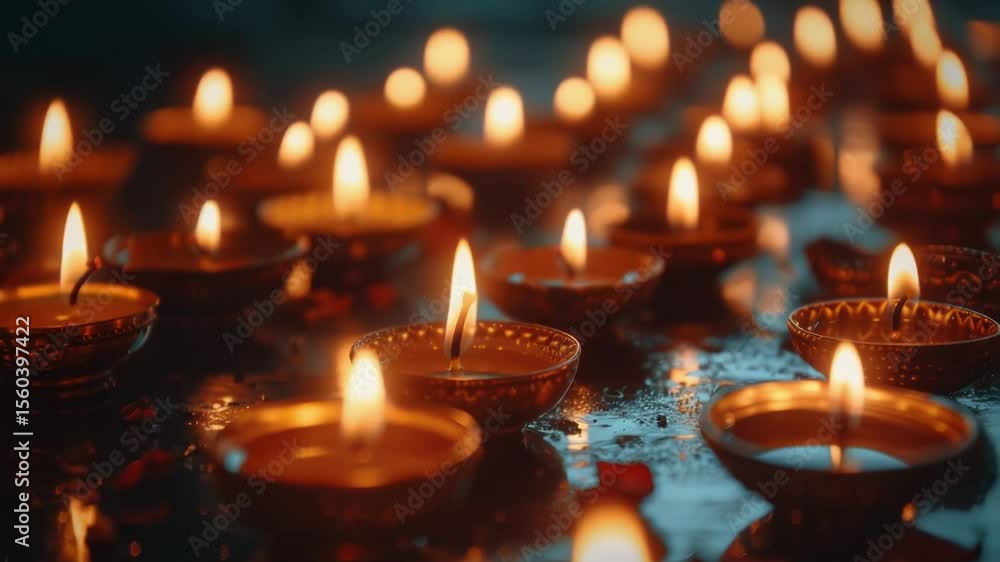Poster a group of lit candles placed on a table, perfect for use as decorative accent or in a still life co