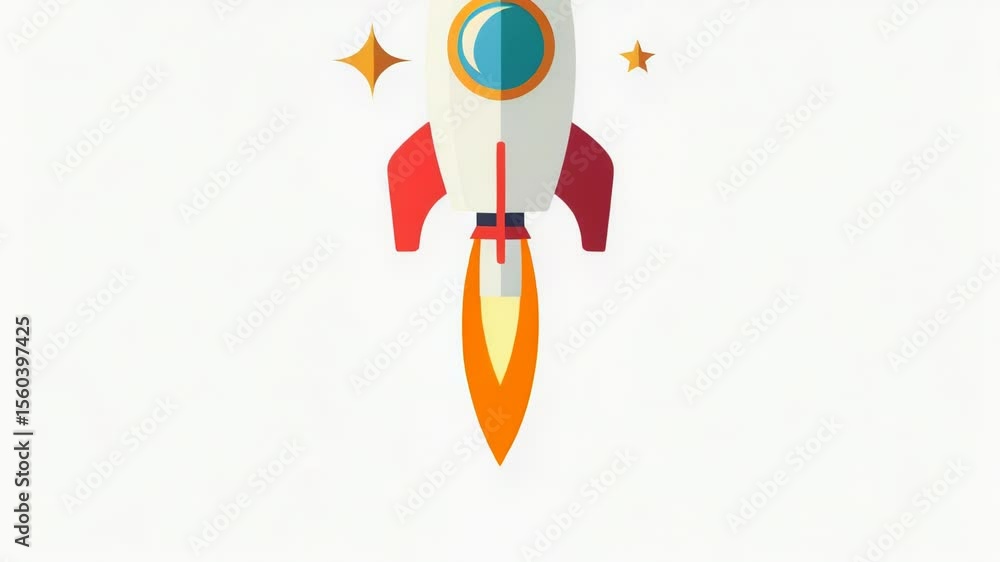 Poster a white and red rocket with stars on its surface, ready for launch