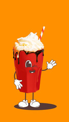 Cartoon milkshake character waves and smiles against orange background. Concept of animated...