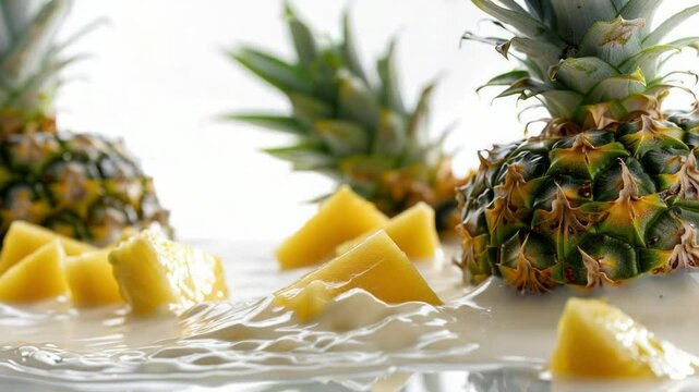 Fresh pineapple with a splash of milk in a close-up shot