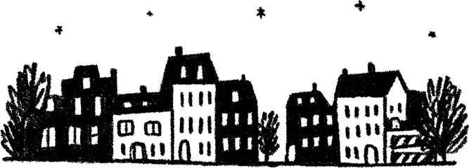 Obraz premium Nighttime urban scene with glowing window and starry sky