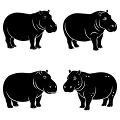 Four hippopotamuses in black silhouette standing in different poses on a white background illustration