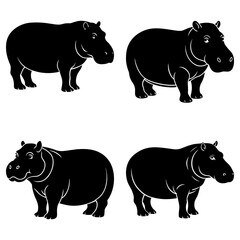 Four hippopotamuses in black silhouette standing in various poses on a white background illustration art