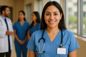 Smiling nurse in hospital corridor.