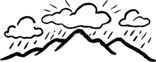 Hand drawn rainstorm border with slanted lines and mountain scene