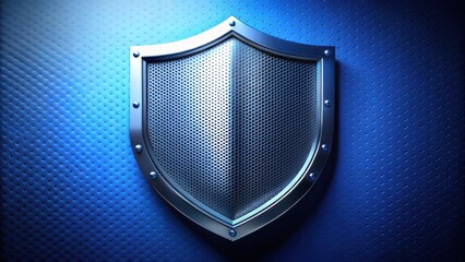 A metallic shield with a perforated surface, affixed to a textured blue backdrop, symbolizes steadfast protection and resilience against potential threats.