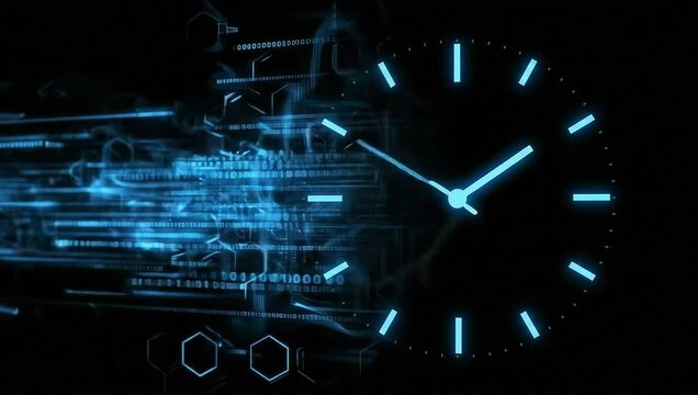 animation of a clock ticking with dynamic data processing visuals on a sleek black background, symbolizing time and technology. - Powered by Adobe