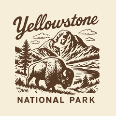 Yellowstone National Park Buffalo with Mountain and River Landscape Vintage Design