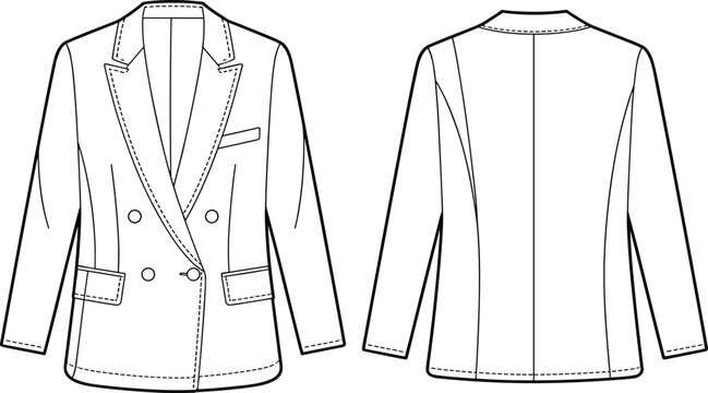 Double breasted tailored blazer fashion flat, technical vector illustration, stylish women’s coat front and back view cad drawing template