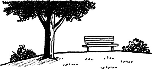 Peaceful roadside bench under a shady tree sketch