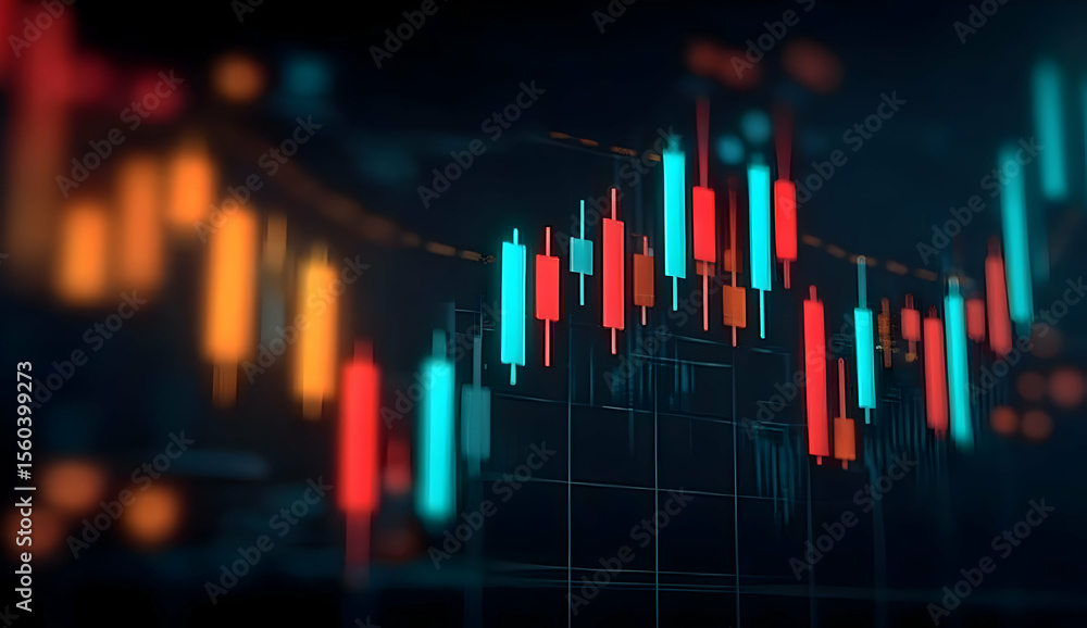 Poster dynamic stock market chart illustrating rising and falling trends with colorful candlestick patterns