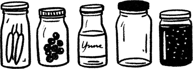 Fototapeta na wymiar Hand drawn sketch of preserves and pickles in tall jars for kitchen decor