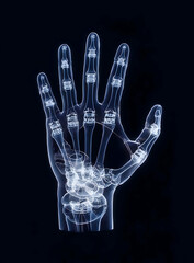 Naklejka premium X-ray image of a human hand showcasing the intricate bone structure and joints in detail.