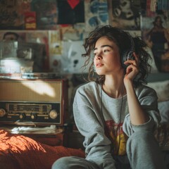 A young woman listens to the radio with headphones while relaxing at home.