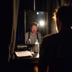 An actor rehearses lines in front of a mirror under soft stage lighting