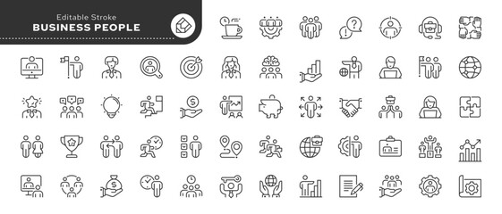 Business people line icon set. Work, office, worker, management, human resources, partner, partnership, team, workteam, businessman and more. Outline icon in linear style. Vector collection.