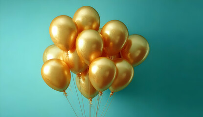 A vibrant collection of golden balloons floating against a blue backdrop, perfect for celebrations and joyful moments.