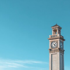 An outdoor clock tower stands tall against a clear blue sky. 
