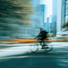 Blurred motion of a cyclist speeding down a city street.