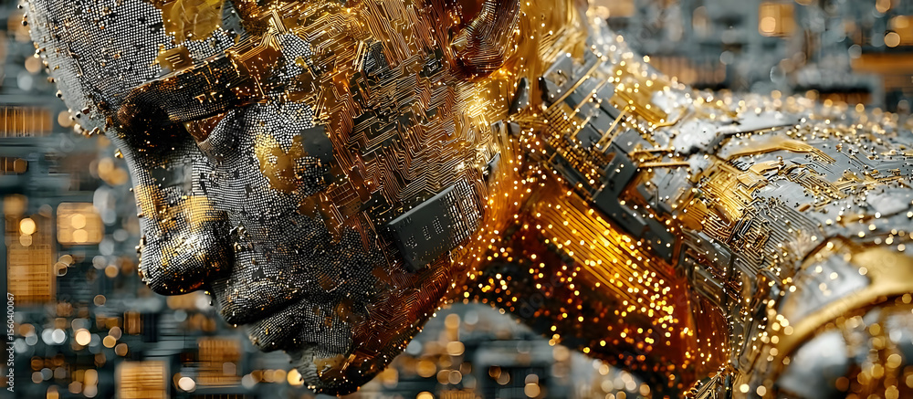 Poster futuristic concept depicting a humanoid figure integrated with circuit patterns and glowing elements