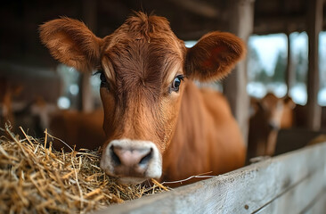 A close-up of a brown cow in a barn, surrounded by straw, showcasing its curious expression and rustic farm atmosphere.